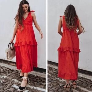 Zara Red Openwork Embroidered Midi Dress.